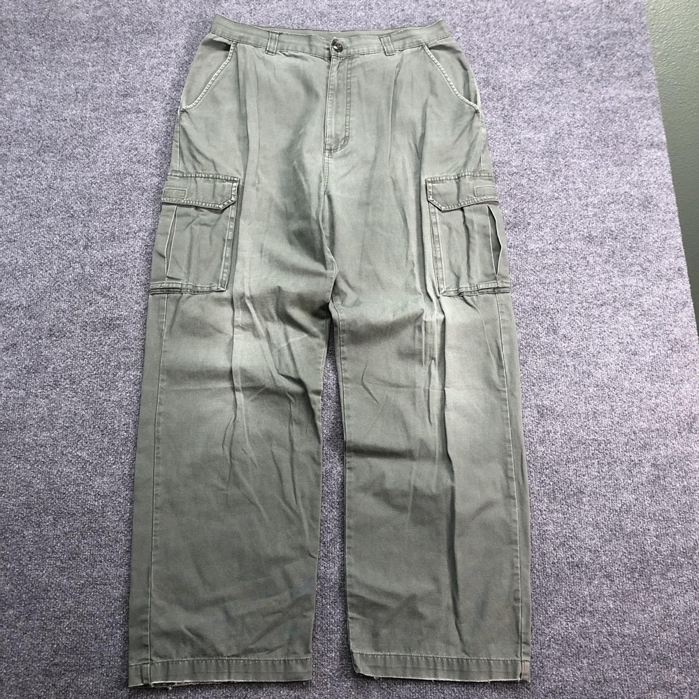 Baggy Cargo Pants Mens 34x30 Green Canvas Relaxed Fit Utility Workwear Pockets